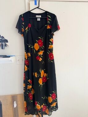 dressbarn Black Maxi Dress with Red and Orange Floral Print